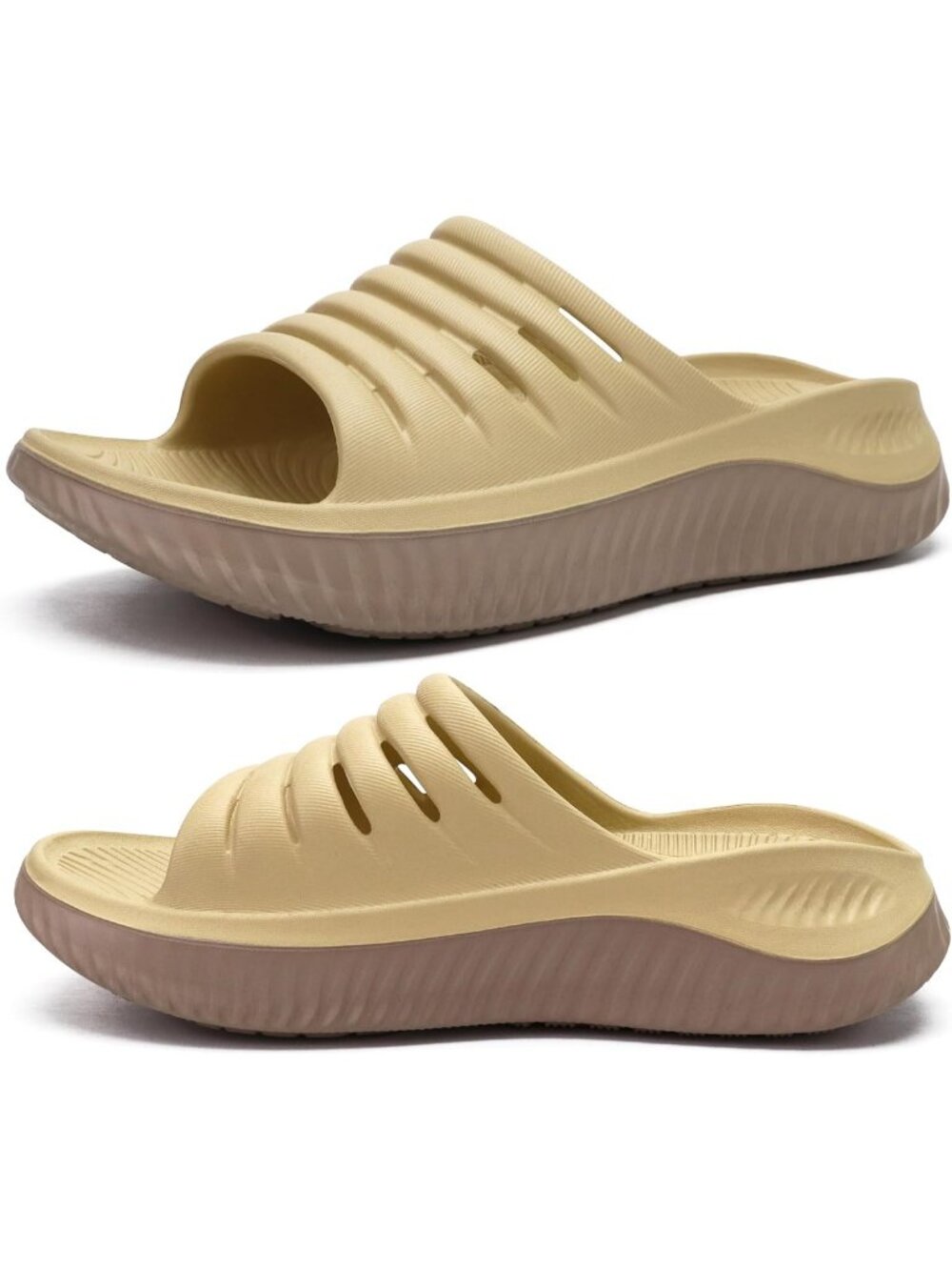 Women's Khaki Brown Comfortable Open Toe Slides Thick Cushion Recovery Sandals